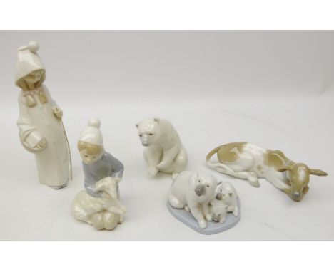 Five pieces of Lladro - Polar Bear no. 1205, Family of Polar Bears no. 5434, Calf no. 4680 and two figures no. 4678 all boxed