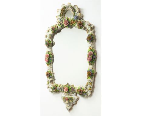 Sitzendorf porcelain floral encrusted wall mirror with scroll moulded frame and cresting, H83cm, pair of matching Sitzendorf 
