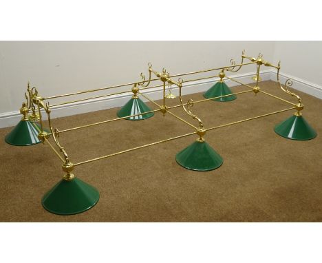 Billiard table light fitting, six lights with green painted enamel shades and polished tubular frame, L204cm x W107cm 