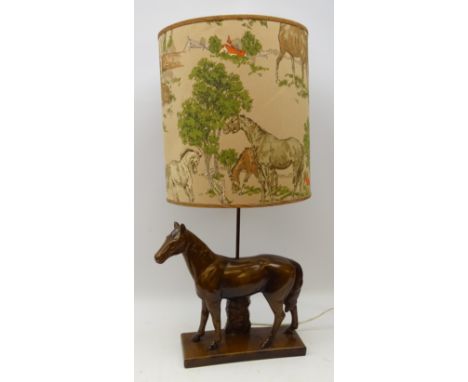 1960s bronzed Horse table lamp, rectangular base, with painted finish and matching Horse printed shade, H48cm (excluding shad