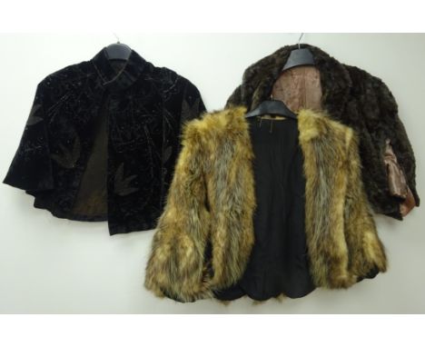 Victorian velvet evening cape with beadwork decoration, Vintage fur shawl, possibly Coyote and one other shawl (3)
