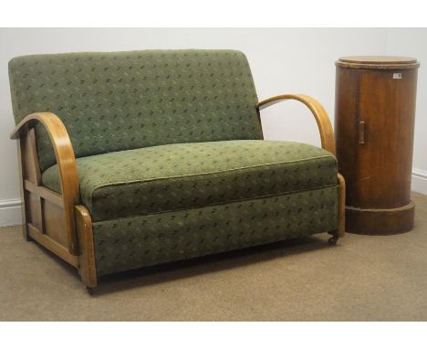 Art Deco beech framed two seat sofa, upholstered in a patterned green material (W117cm,) and a Victorian mahogany cylinder po