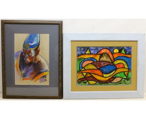 Abstract Landscape, oil on paper signed by Kola Sorunke (Nigerian 1951-) and dated '96, together with a pastel portrait by th