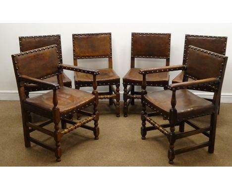 Set six early 20th century oak dining chairs (4+2), studded leather back and seat, bobbin turned support, W59cm