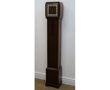 Art Deco mahogany electric grandmother clock H133cm, two Smiths half hour striking oak and walnut cased mantle clocks, H23cm 