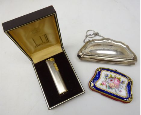 Silver purse with chain by Henry Williamson, Birmingham 1919, 19th Century enamel and guilloche purse, jewelled cartouche of 