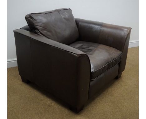 Art Deco style dark brown leather upholstered armchair, W106cm