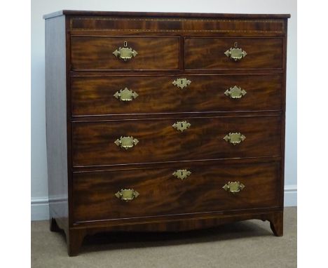George III mahogany chest, cross banded top with Tunbridge ware inlaid frieze, two long and three short drawers with brass pl