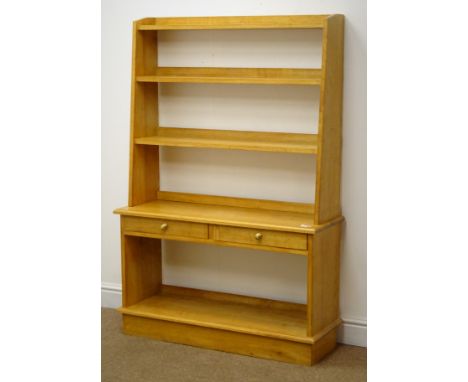 French light oak open bookcase, three shelves above two drawers, plinth base, W95cm, H139cm, D33cm