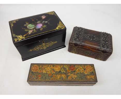 Victorian papier-mache two division tea caddy, mother-of-pearl and gilt decoration L17.5cm, mid 19th century German oak jewel