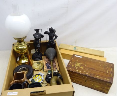Firestone Deluxe tyre ashtray, diecast Bentley pin tray, trench art ashtray, brass car horn, AA badge, three whiskey advertis