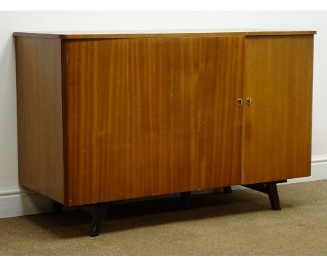 Lebus mid 20th century retro teak desk, hinged door enclosing fitted interior to the side of single cupboard, tapering suppor