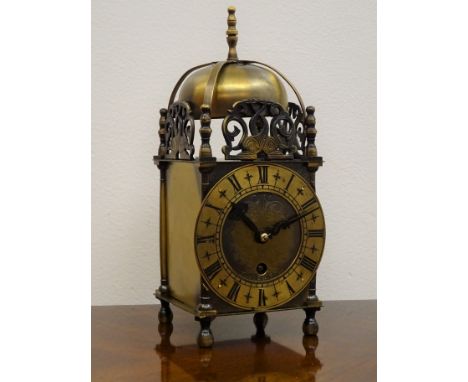 Small brass lantern clock with Smiths unadjusted 7 jewel movement, H26cm and a French brass Carriage timepiece, white Roman d