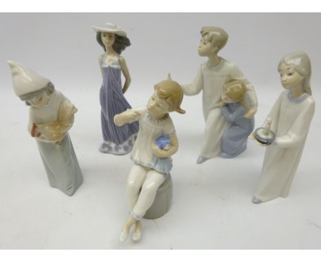 Six Lladro figures comprising Susan no. 5644, Girl with Lipstick &amp; Doll, Girl with Chicken and two others in night gowns 