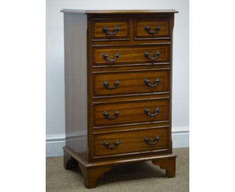 Small reproduction inlaid mahogany chest, two short and four long drawers, shaped bracket supports, W48cm, H83cm, D39cm