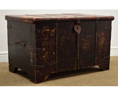 Eastern hardwood chest depicting oriental scenes, metal strapping, hinged lid with clasp. shaped bracket supports, W90cm, H56