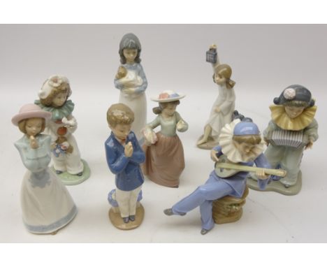 Eight Nao figures including two figures with musical instruments, Child Pierrot and other children (8)