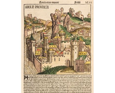 Schedel (Hartman). Anglie Provincia, Nuremberg, [1493], hand- coloured woodblock of an imaginary view of an English town, Lat