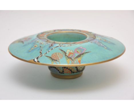 A Carltonware 'Devil's Copse' pattern flower bowl having turquoise mottled body painted with stylized trees and flowers