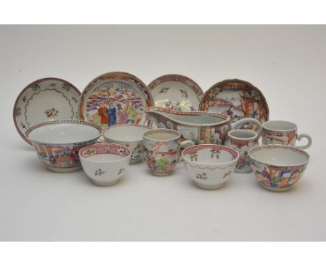 A Collection of Famille Rose and New Hall Tea bowls,Cups ,Saucers and Gravy boats.