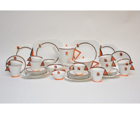 A Shelley 'Vogue' shape coffee and tea set decorated in black and red geometric pattern with triangle shape solid handles. In