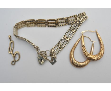 A pair of 9ct gold hoop earrings together with a gold pendant and a yellow metal gate bracelet