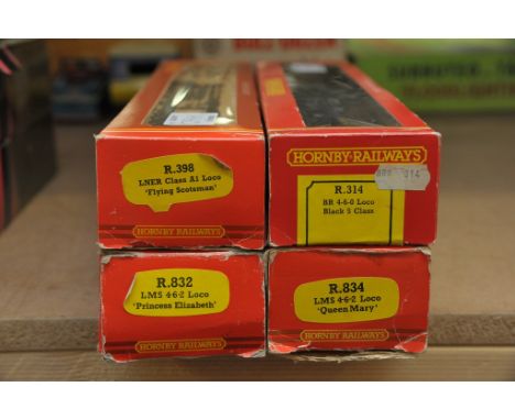 A collection of four boxed Hornby OO gauge model railway locomotives comprising R.398 LNER Class A1 Flying Scotsman, R.314 Bl