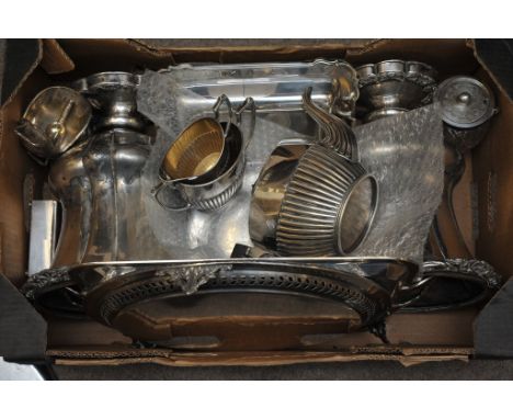 A good box of silver plated items including a pair of urns, trays, 3 piece tea set, tureen etc 