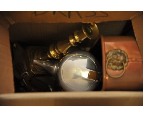 A collection of items comprising a Picquot Ware tea set, copper and brass ware