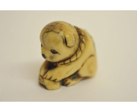 A Japanese stag antler netsuke in the form of a seated puppy