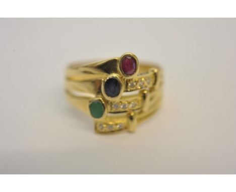 A ladies 18ct yellow gold 'traffic light' ring set with sapphire, ruby, emerald and diamonds