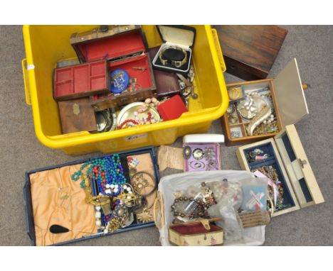 A box containing an extensive collection of vintage costume jewellery and a rosewood box