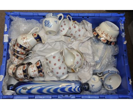 A collection of assorted part tea sets and ceramics including a glass rolling pin