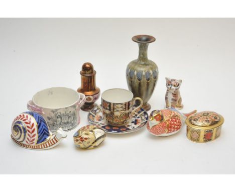 A Collection of Ceramics including A Royal Crown Derby trinket box, four paperweights, a Sutherland Lustre bowl and a small R