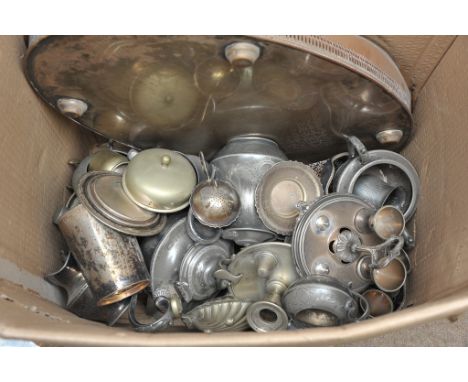 A box containing a collection of assorted silver plated ware and pewter including tea set and gallery tray