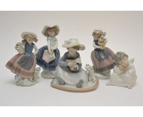 A collection of four Lladro figures of girls and a Lladro cherub figure 