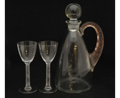 An R.Lalique 'pour Gusenier' glass decanter, handle with coloured relief decoration of sinuous leaves plus two later glasses 