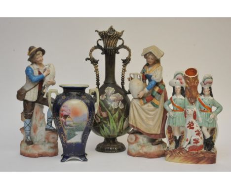 Two Victorian vases, pair of bisque figures and Staffordshire spill vase