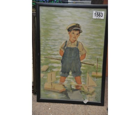 A watercolour of a young boy wearing a captain's hat, sailing boats on a lake, signed R.C Hall