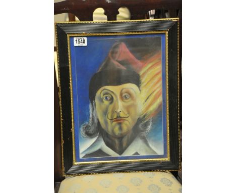 A late 1970's pastel portrait painting of Salvador Dali capturing a typically quirky image of the artist wearing a red and bl