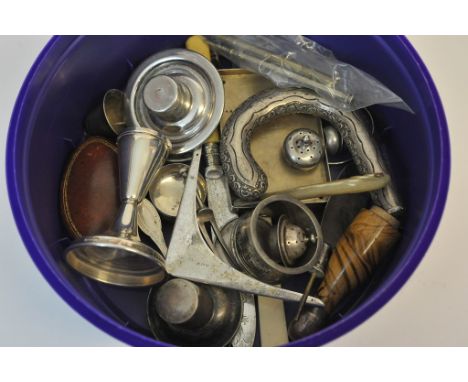 A collection of silver and plated oddments comprising silver candlestick, silver sconce, silver spoon, a plated tureen , squa