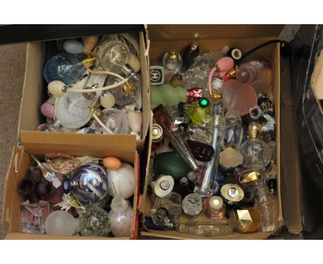 Five boxes containing numerous vintage and modern glass scent bottles (5) 
