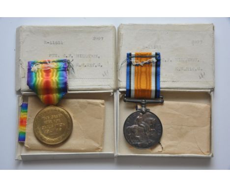 A pair of WWI medals comprising Victory Medal and War Medal to R-11651 Pte. C.F. Hillsdon K.R.Rif.C