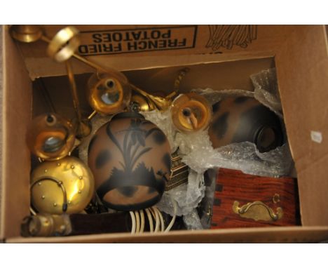 A brass miner's lamp, pair of oil lamps with cameo glass type shades, Khatam box and other items