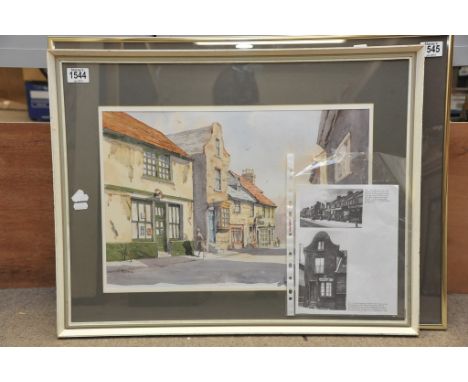 A framed watercolour depicting a view of the old co-operative society's first building, a former Dutch house with parts datin