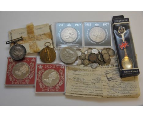 Two WW1 medals both inscribed '33200 PTE J.S.C Williams L.Pool R.' and a small collection of coins including some silver