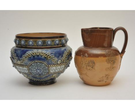 A Lambeth Doulton Jardiniere with impressed marks to the base 1882 together with a Doulton Lambeth jug with raised hunting sc