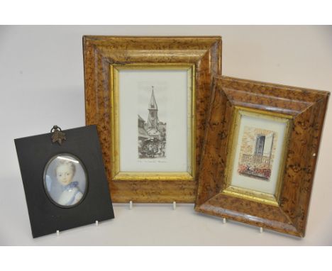 Two small maple framed pictures and an oval portrait miniature.