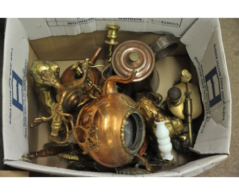 A box containing a collection of various copper and brass ware including kettle on stand, cast figures of dogs, jug and vario