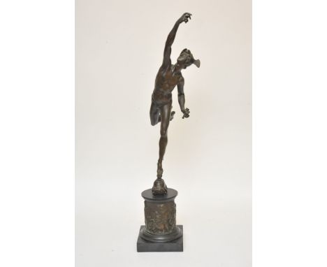 A late 19th Century or early 20th Century bronze of Mercury on an elaborate marble base with further decoration, snake staff 